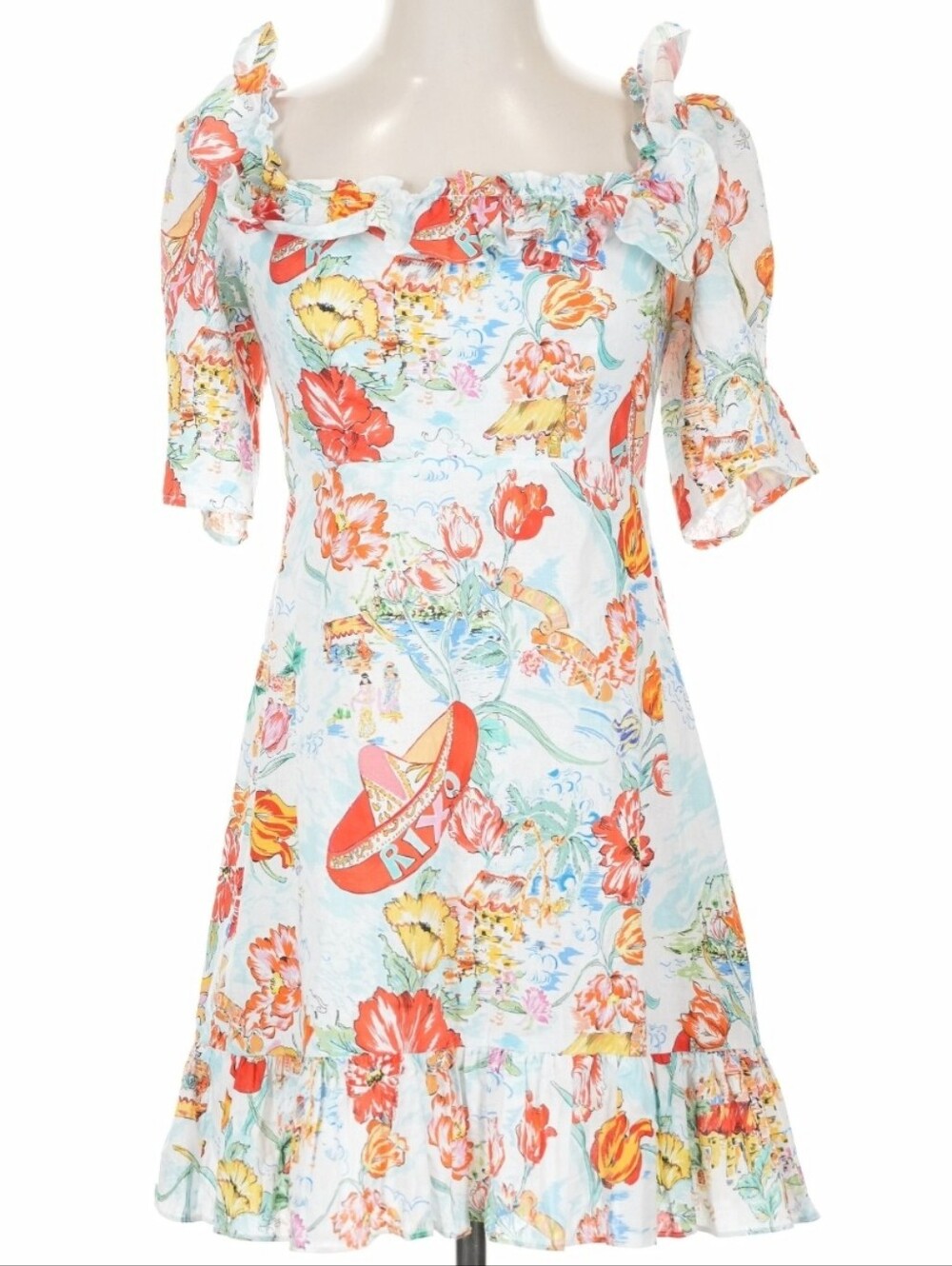 Rixo Camille Floral Sombrero Off-Shoulder Mini Linen Blend Sundress (US 6)